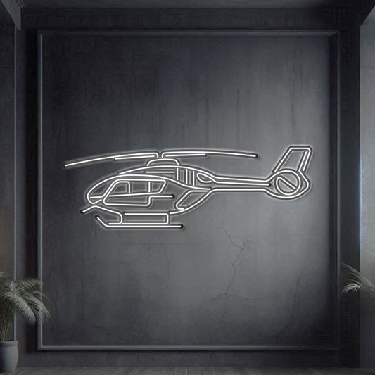 Airbus Juno HT1 RAF training helicopter neon silhouette wall art — laser-cut steel with glowing neon outline and bold 3D elevation