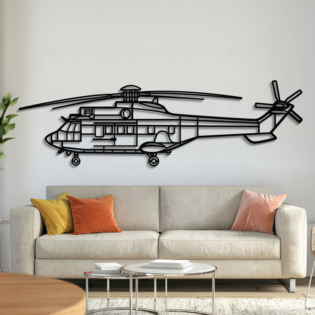 AgustaWestland AS332 Super Puma utility helicopter silhouette wall art, laser-cut 2 mm steel with matte textured finish and 3D elevation