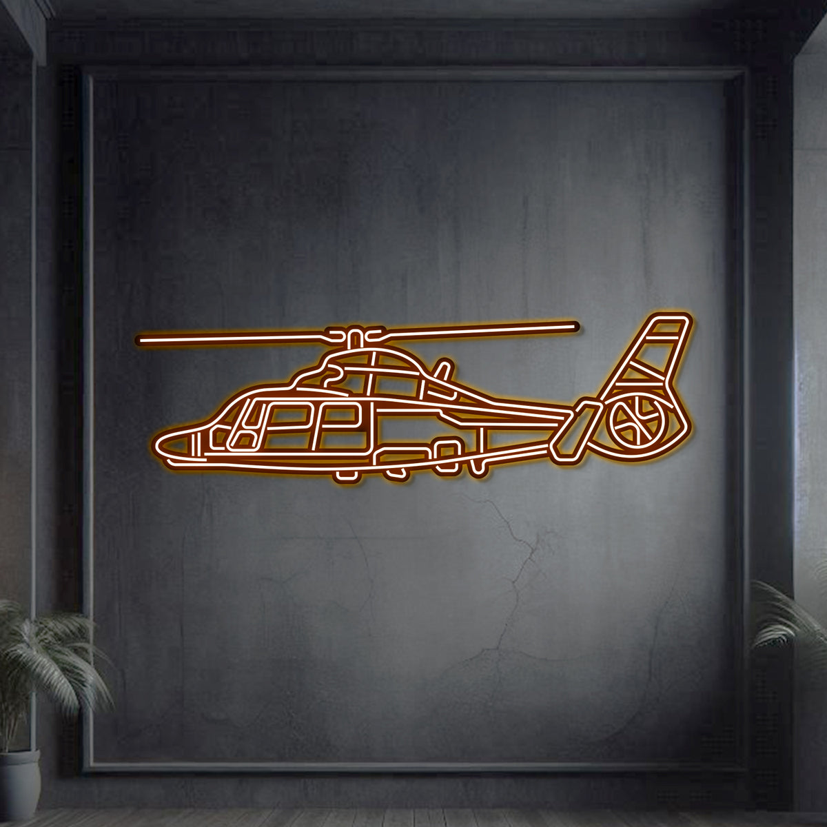 AS365 Dauphin neon aircraft wall art, textured steel, matte powder coat, raised 1 cm from wall