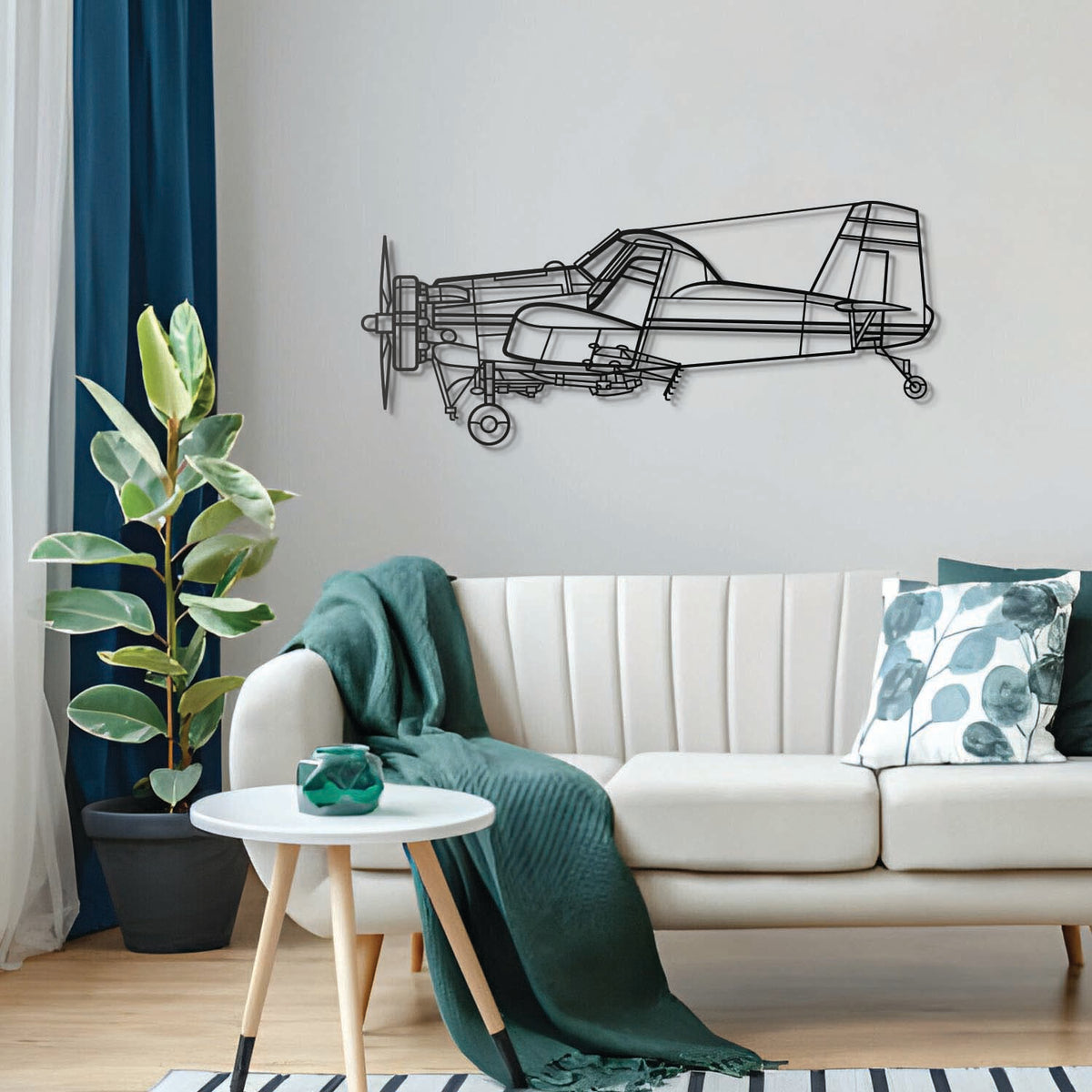 Premium AT‑301 metal wall art, no assembly for sizes under 40″, sleek matte textured steel ideal for hangar or modern living spaces
