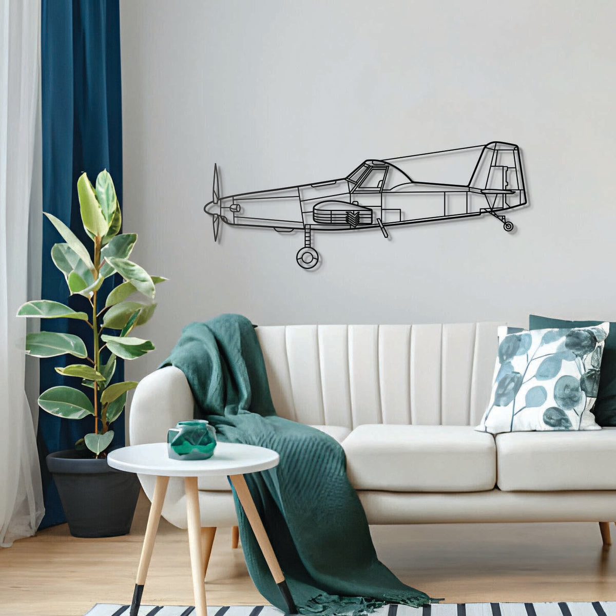 Sleek AT‑500 metal wall art, laser‑cut matte steel blending aviation flair with modern décor