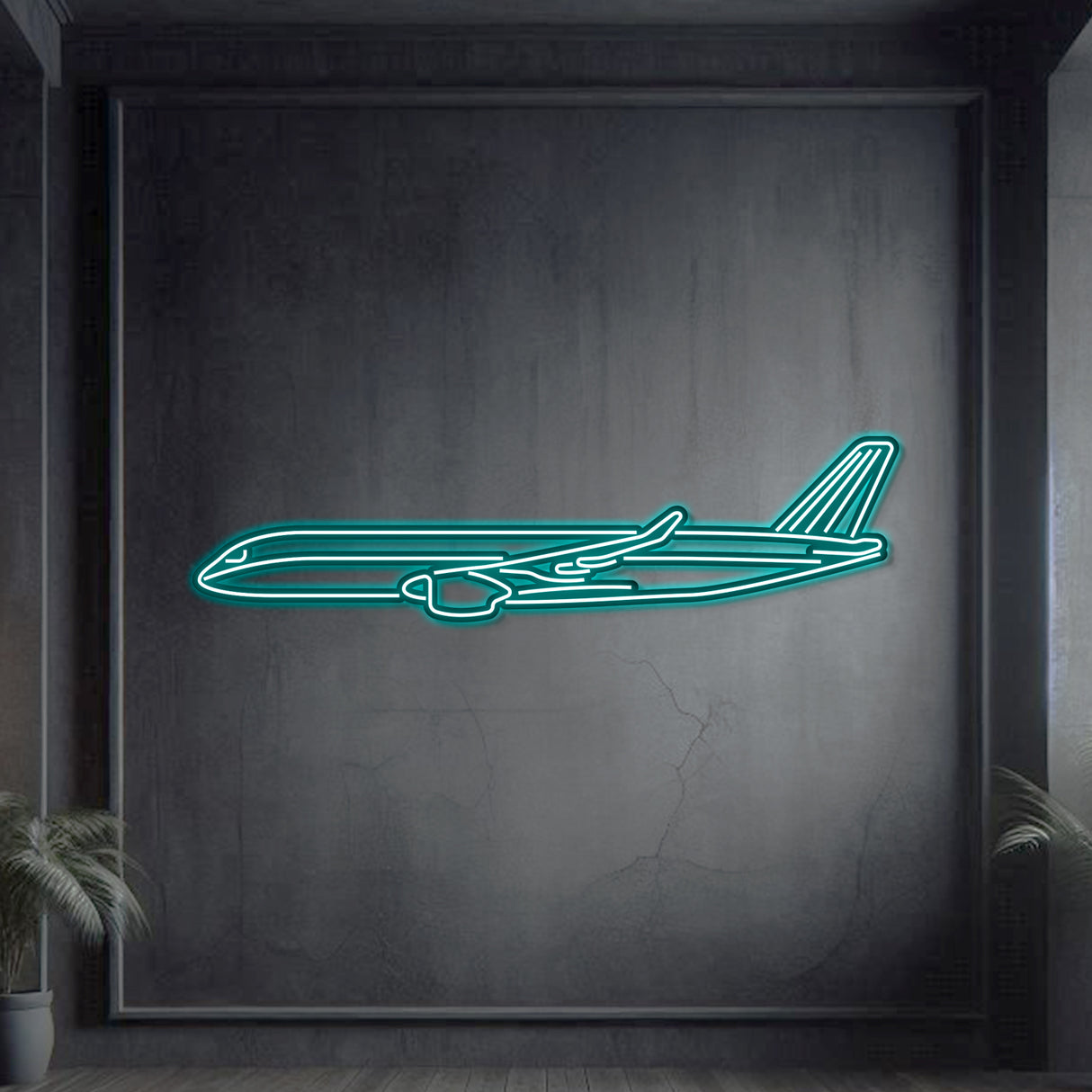 A350 metal neon wall decor, aviation statement piece in matte steel with 3D elevation for hangar or office