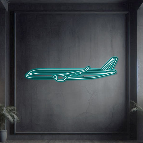 A350 metal neon wall decor, aviation statement piece in matte steel with 3D elevation for hangar or office