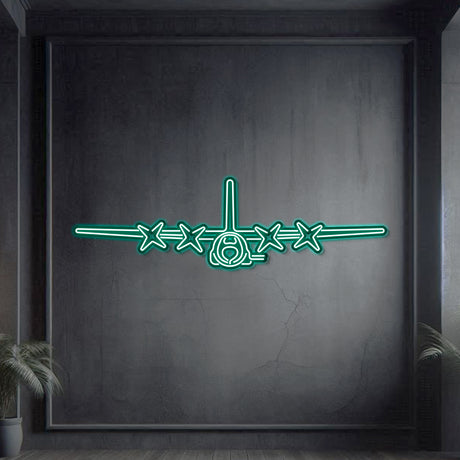 AC-130U metal neon wall art for hangar or office, matte steel, laser-cut, floating 3D effect