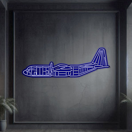 Neon-lit C‑130 silhouette, textured matte steel with floating neon frame for dramatic 3D effect and lifelike presence