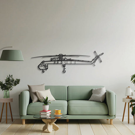 Aviation décor: S‑64 Skycrane metal wall art in matte steel with 3D floating effect for hangar or office