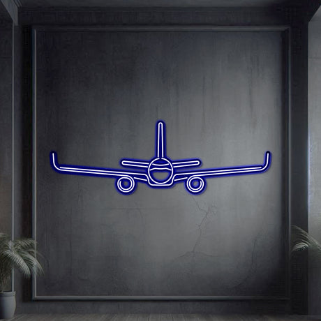 Sleek A321 neon aircraft wall art, laser-cut steel, matte powder coat, floating 3D design