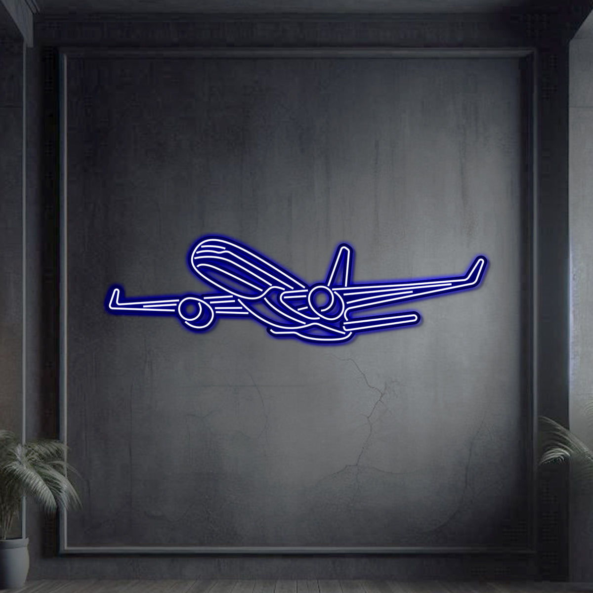 Sleek 757-200 Angle neon wall art, laser-cut and matte-coated steel, floating 3D design
