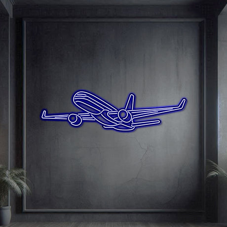 Sleek 757-200 Angle neon wall art, laser-cut and matte-coated steel, floating 3D design