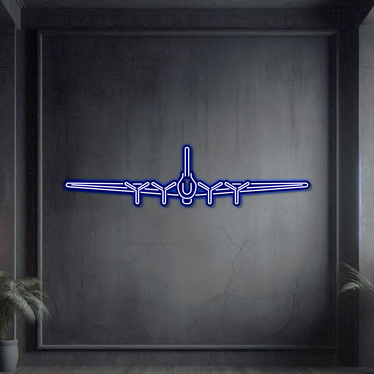 Neon‑lit B‑17 silhouette in textured matte steel with floating neon frame to enhance sculptural 3D depth and nostalgic presence