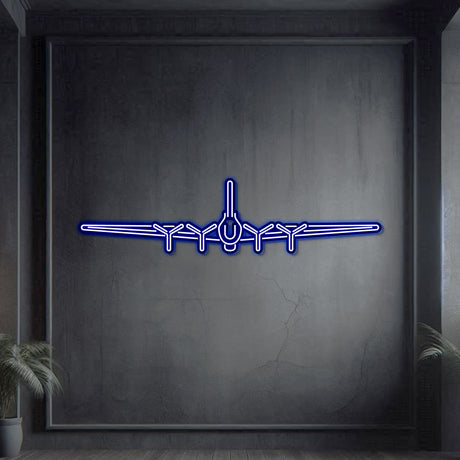 Neon‑lit B‑17 silhouette in textured matte steel with floating neon frame to enhance sculptural 3D depth and nostalgic presence