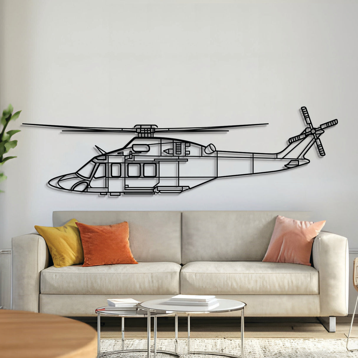 AW139 metal aircraft wall art, laser‑cut 2 mm steel with matte powder coat and floating 3D effect