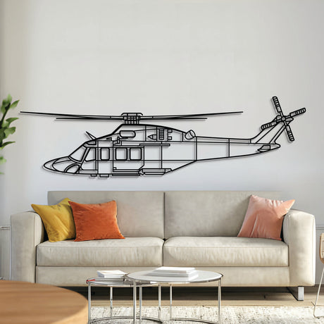 AW139 metal aircraft wall art, laser‑cut 2 mm steel with matte powder coat and floating 3D effect