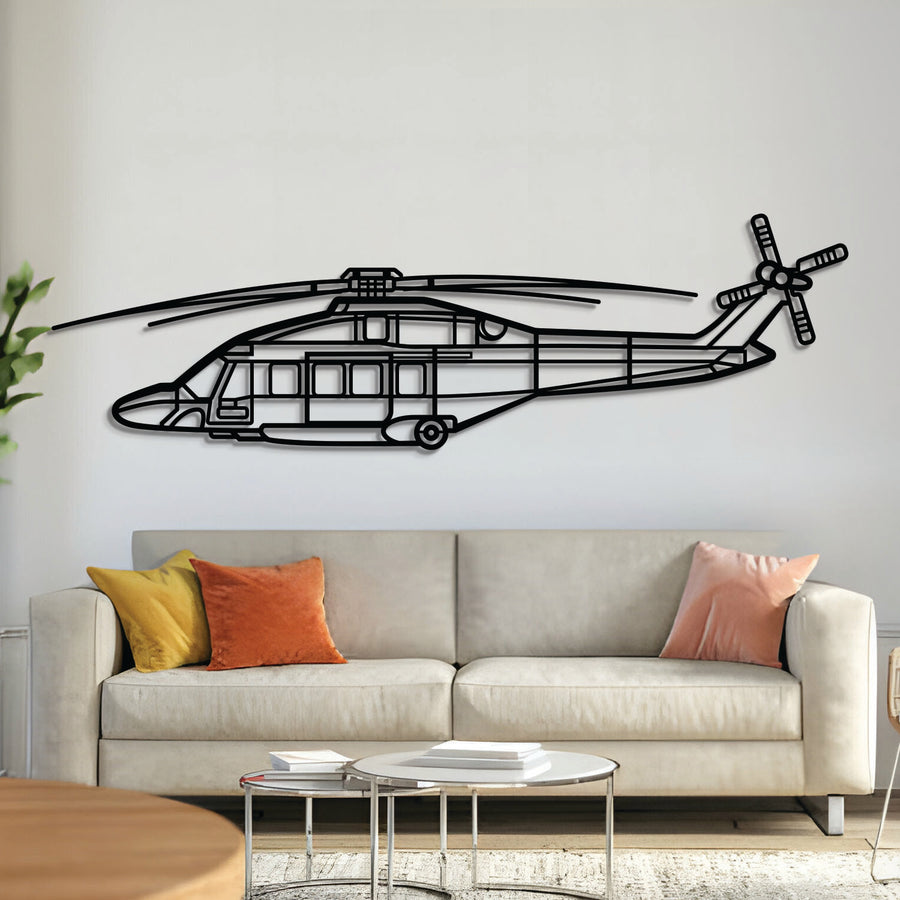 AgustaWestland AW189 super‑medium helicopter silhouette wall art, laser‑cut 2 mm steel with matte textured finish and 3D elevation