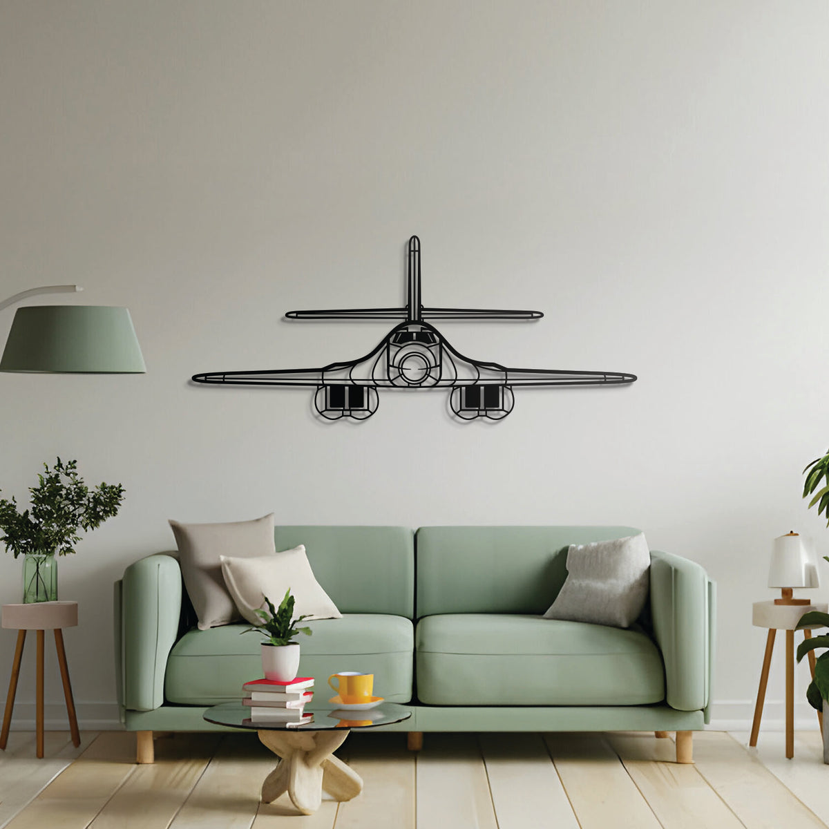 B‑1 Lancer front metal aircraft wall art – laser‑cut profile in powder-coated steel, sleek design blends with modern interiors