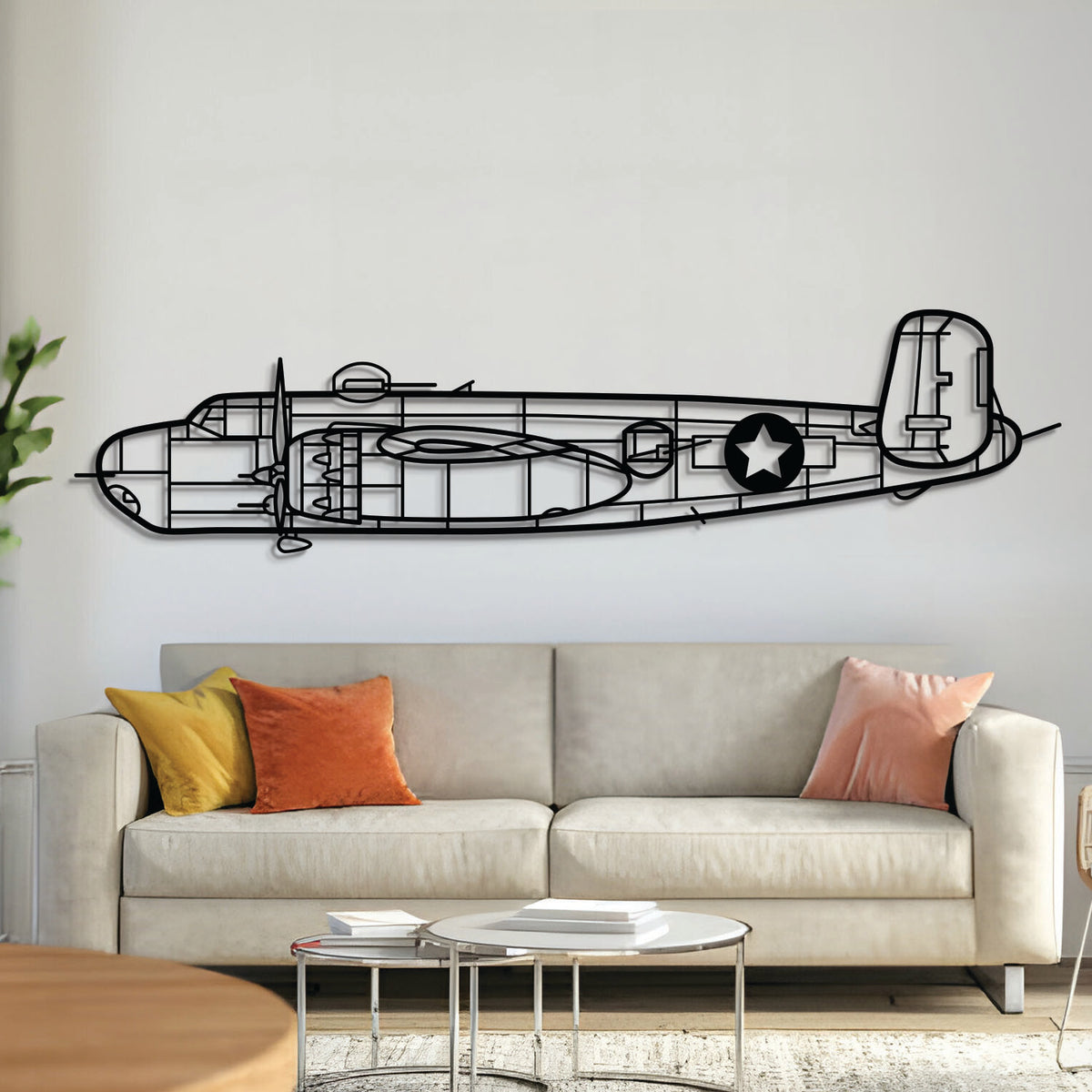 B‑25H Mitchell bomber metal wall art – laser‑cut matte black steel silhouette of WWII medium bomber