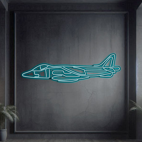 Neon‑lit Harrier GR7 silhouette wall art, textured steel with floating neon frame for immersive 3D depth and shadow play