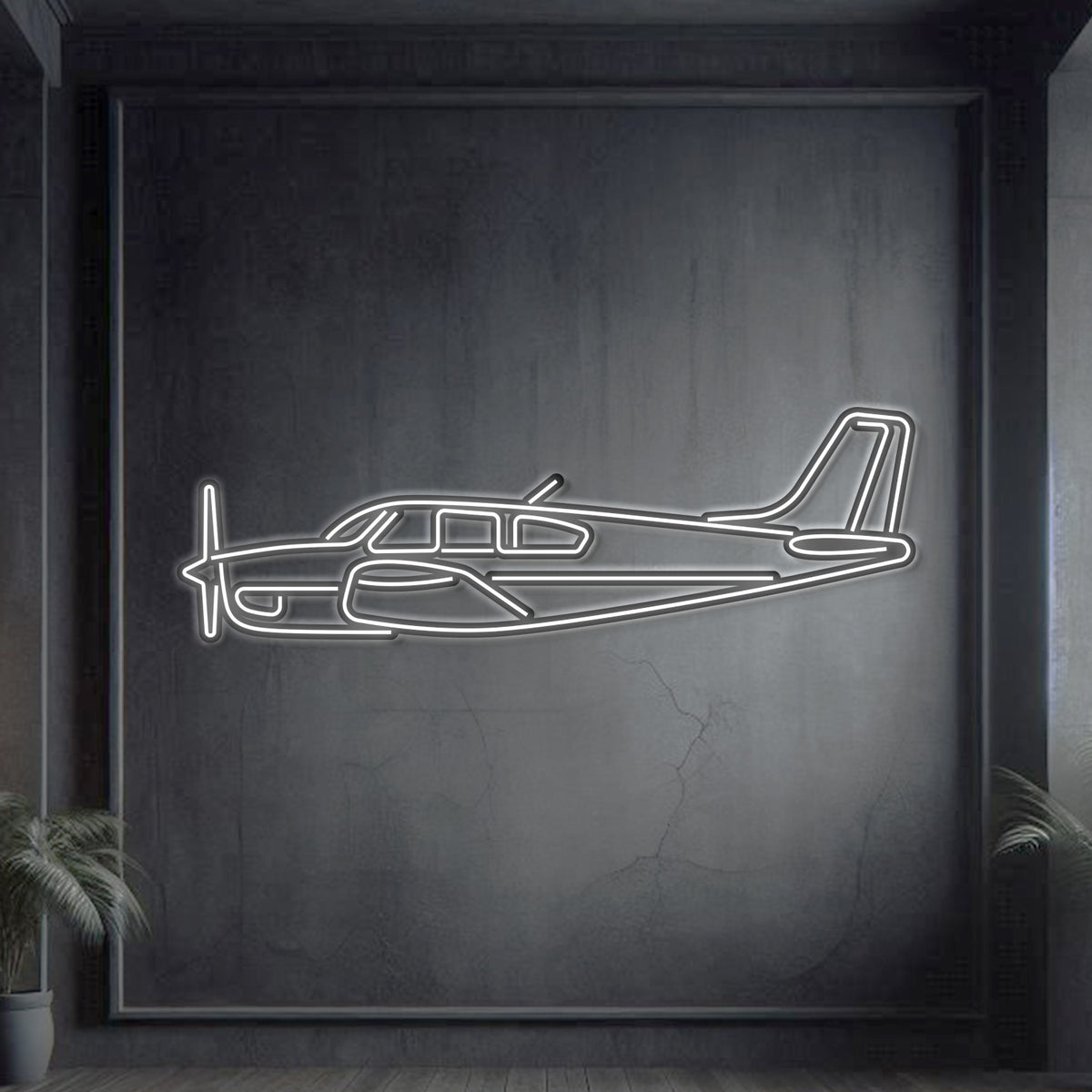 Beechcraft Bonanza F33A sleek side-profile neon silhouette wall art, laser-cut steel with retractable gear outline and sculptural 3D neon elevation