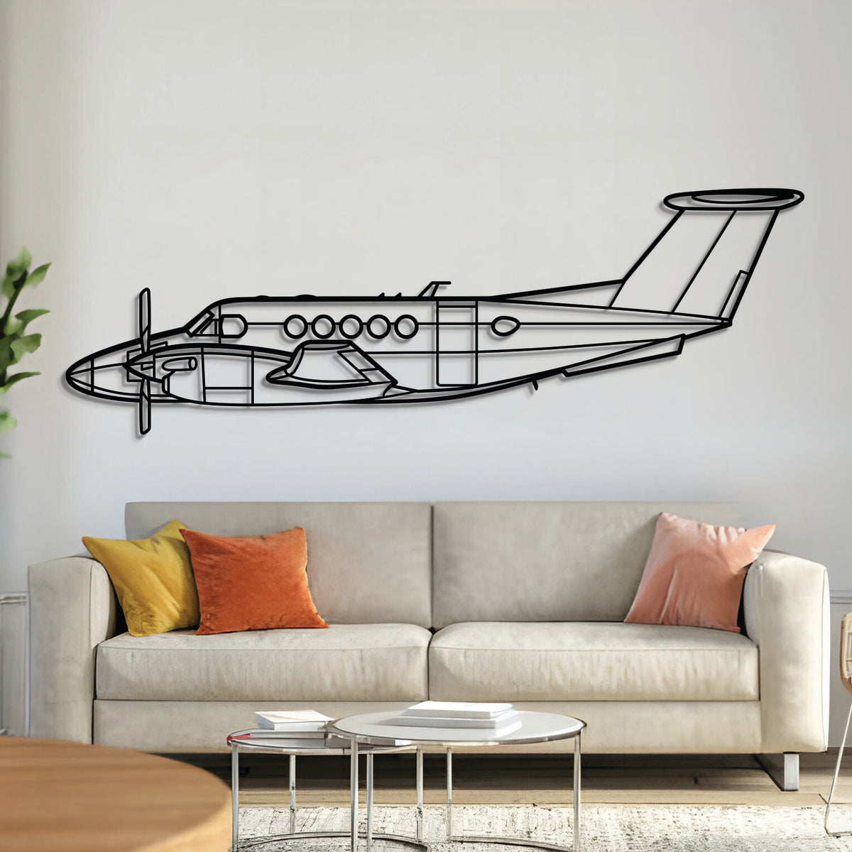 King Air B200 metal airplane wall art – laser-cut 2 mm steel silhouette with matte powder-coated finish and 3D floating effect