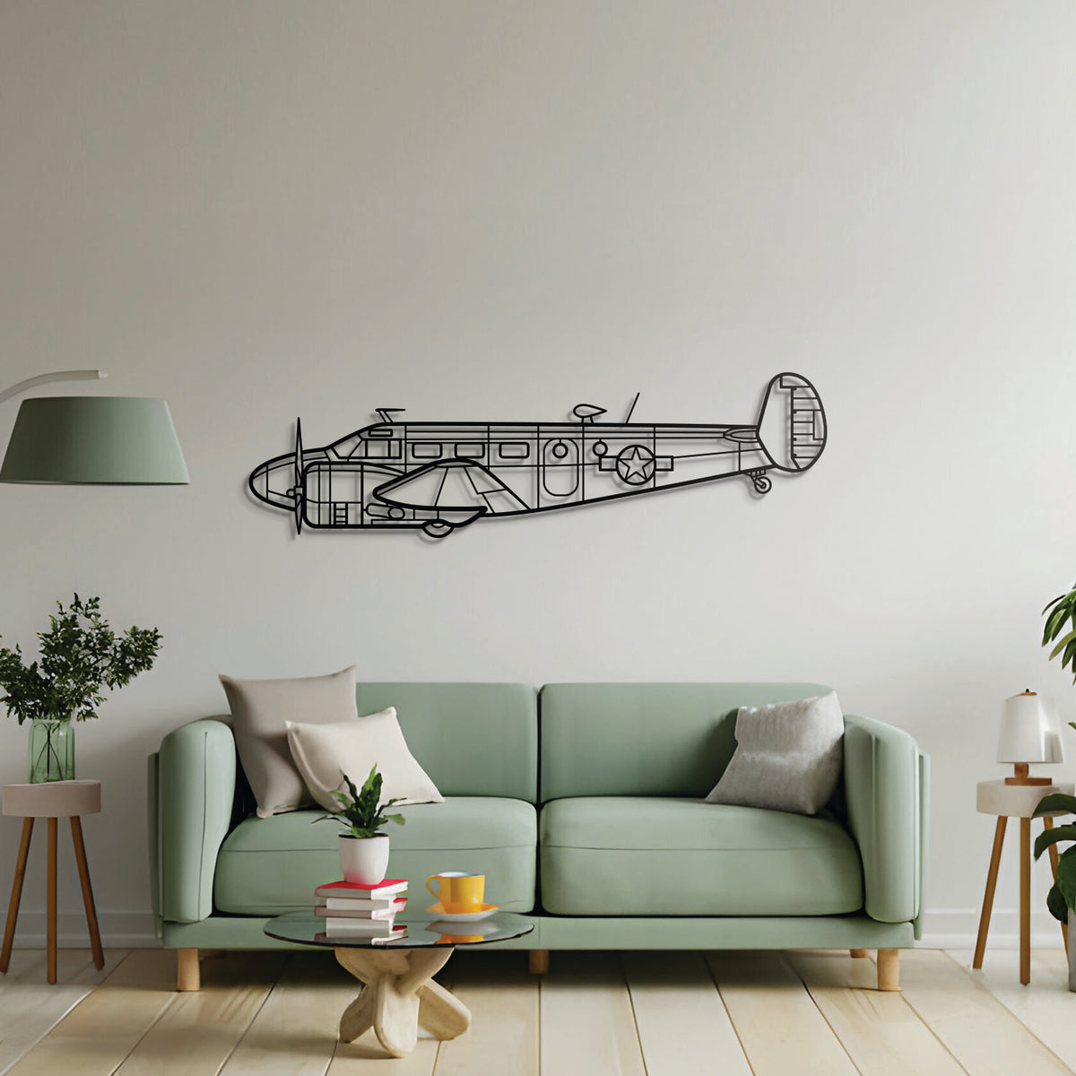 RC‑45 aircraft metal wall decor – precision laser‑cut Twin Beech profile floating off wall for dimensional and nostalgic aviation aesthetics