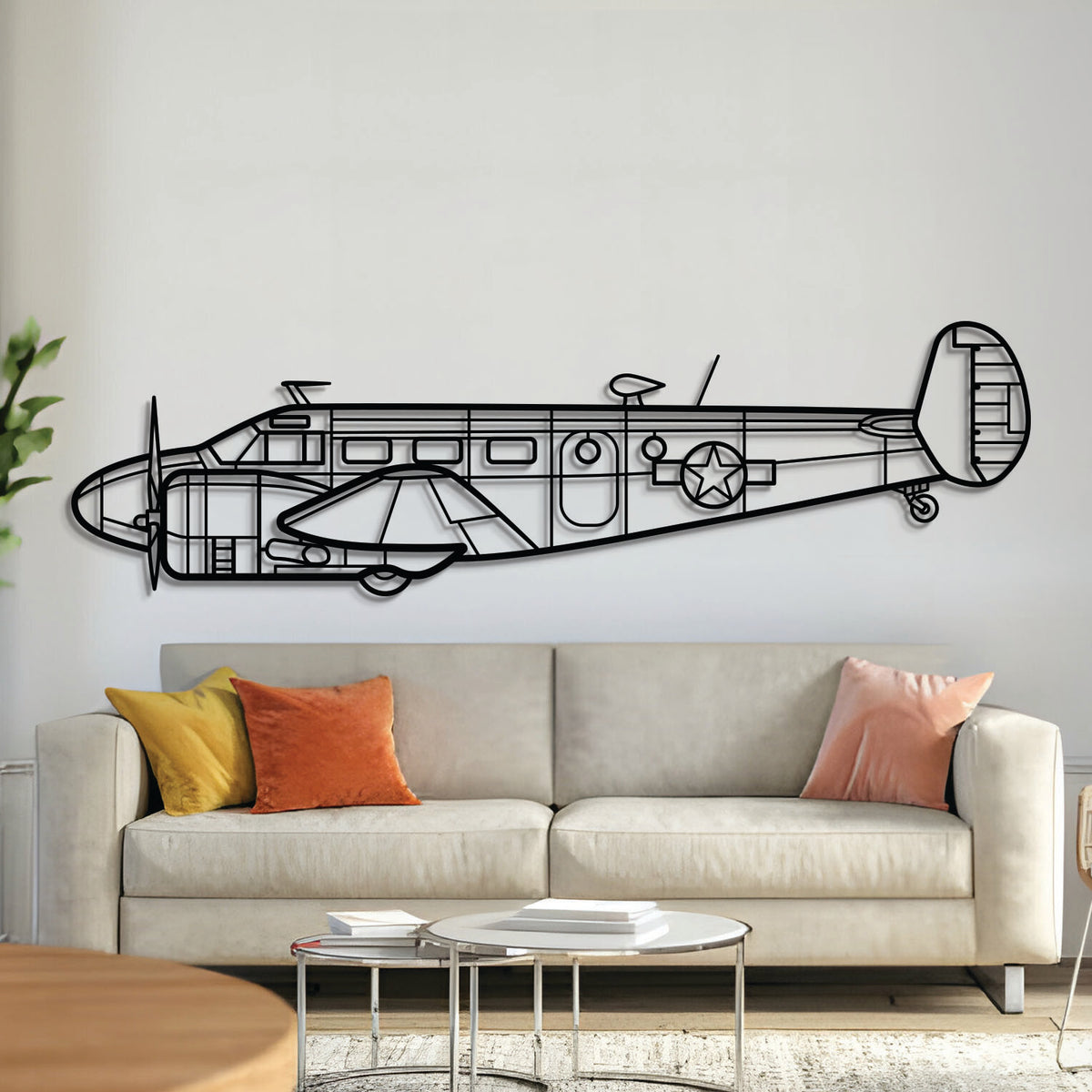 Beechcraft RC‑45J/C‑45 military trainer and utility aircraft silhouette metal wall art – laser‑cut 2 mm steel, textured matte powder‑coat finish, ready to hang