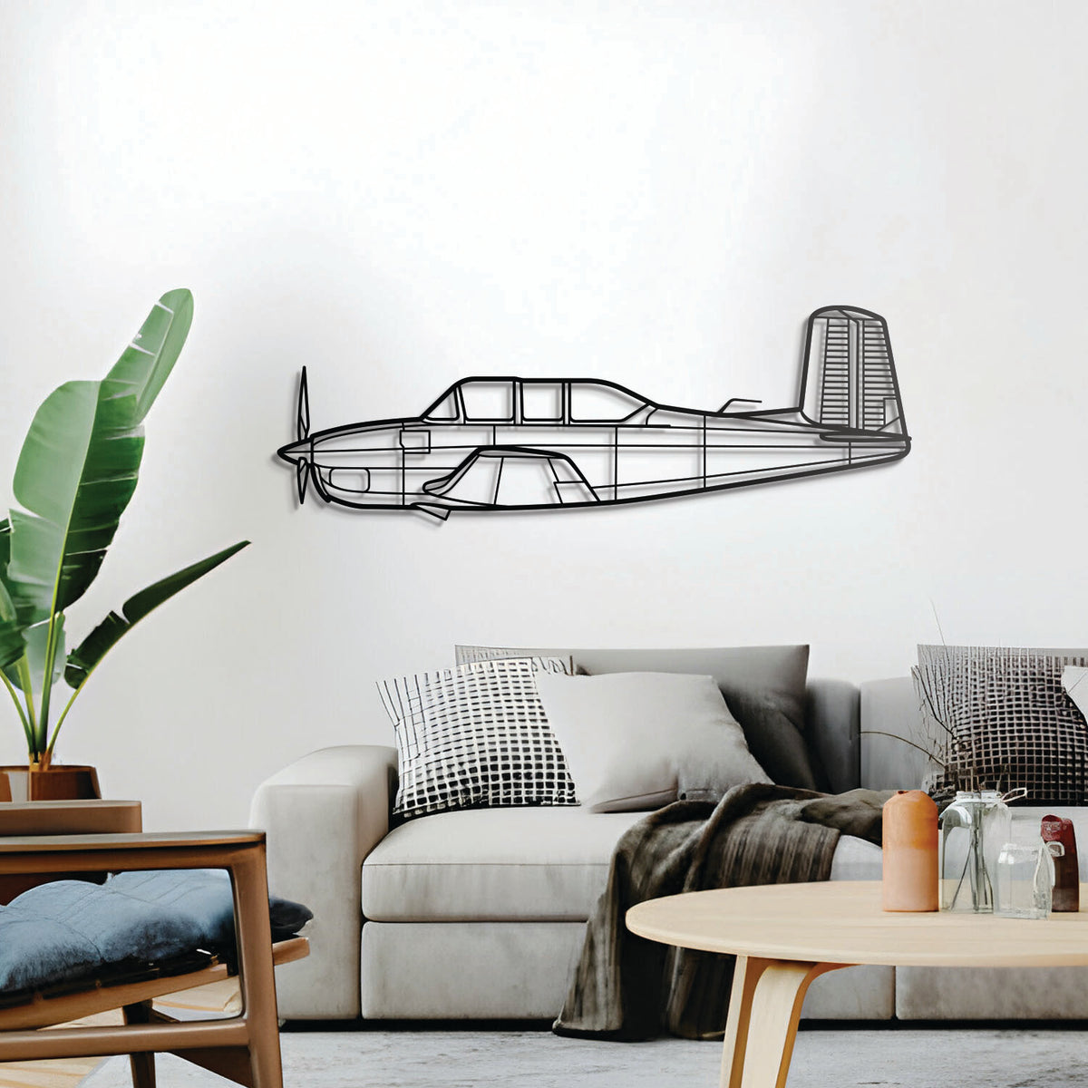 T‑34A Mentor two‑seat trainer silhouette, elevated 1 cm from wall, ready‑to‑hang décor