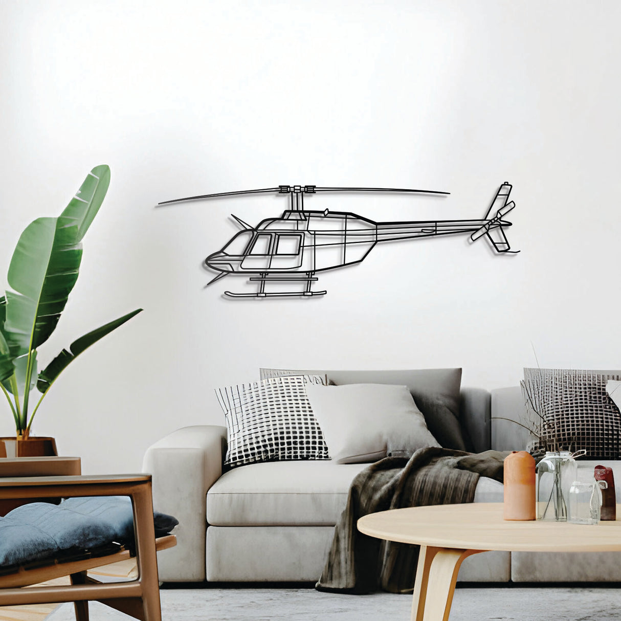 Light utility Bell 206B‑3 JetRanger III helicopter silhouette – elevated 1 cm from wall using elevation screws for a 3D shadow effect