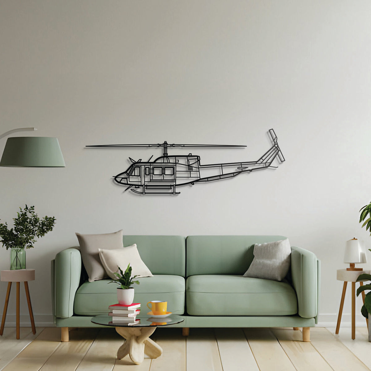 Bell 212 aviation wall art in laser-cut steel, modern interior spotlight