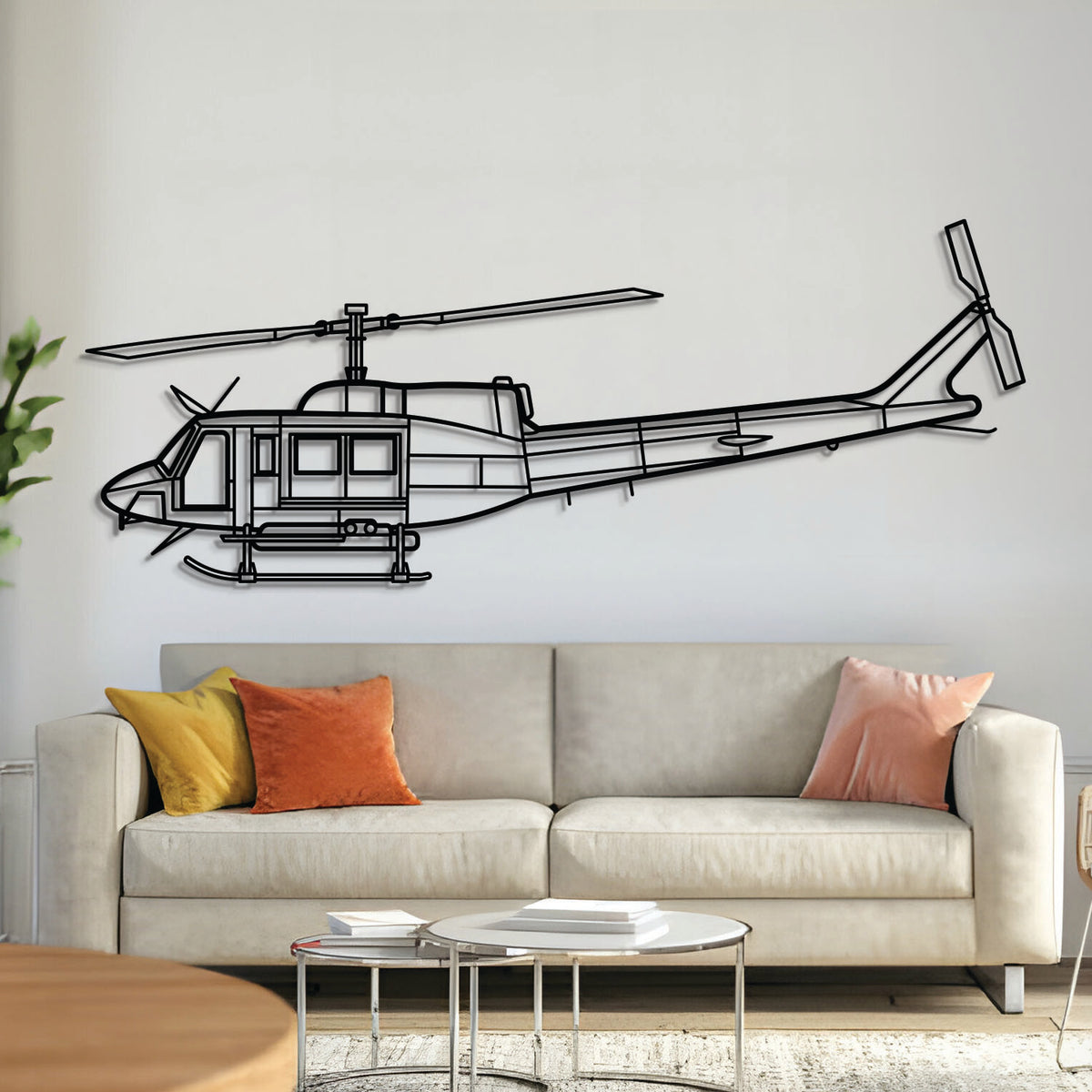 Bell 212 metal aircraft wall art, laser-cut 2 mm steel with matte powder-coated texture