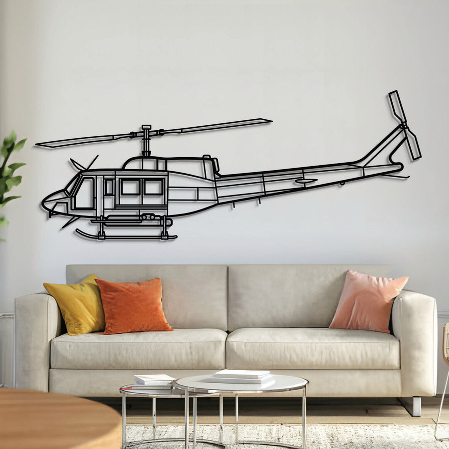 Bell 212 metal aircraft wall art, laser-cut 2 mm steel with matte powder-coated texture
