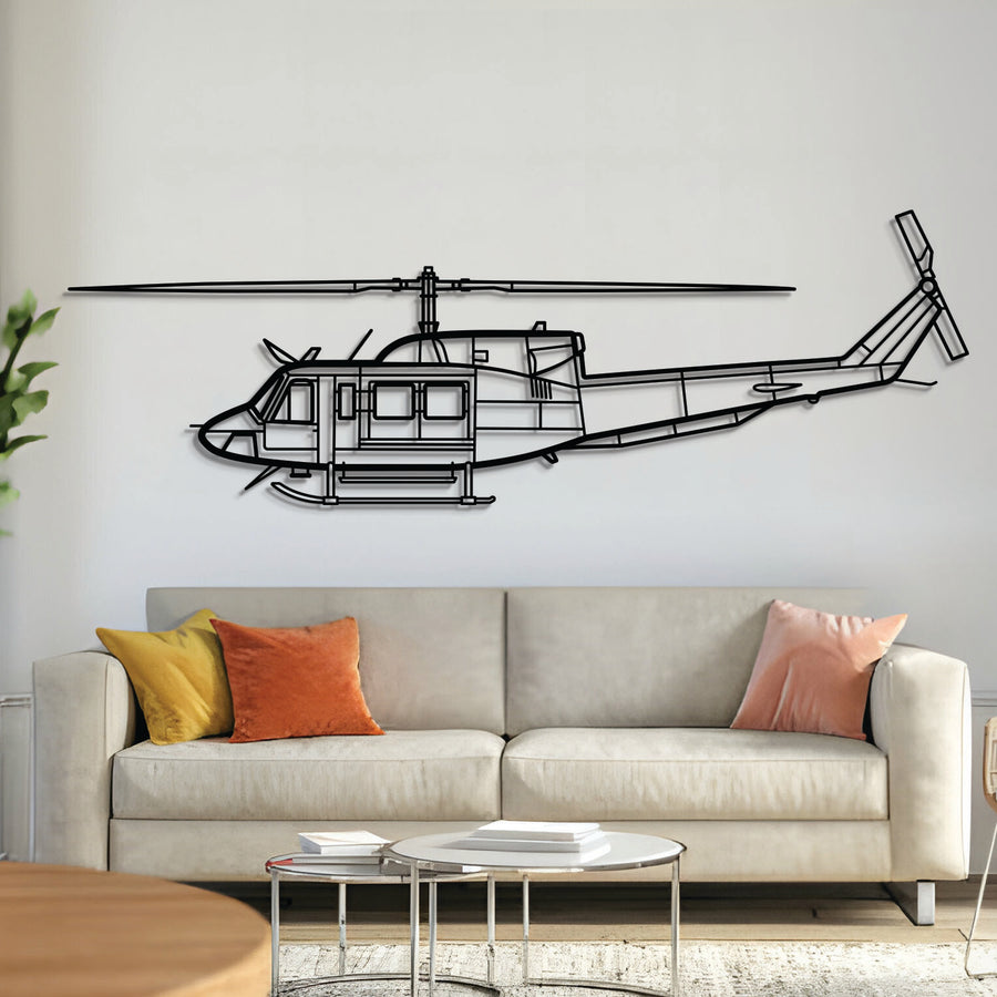 Bell 212 Sentry helicopter metal wall art – laser‑cut matte black steel silhouette for aviation décor