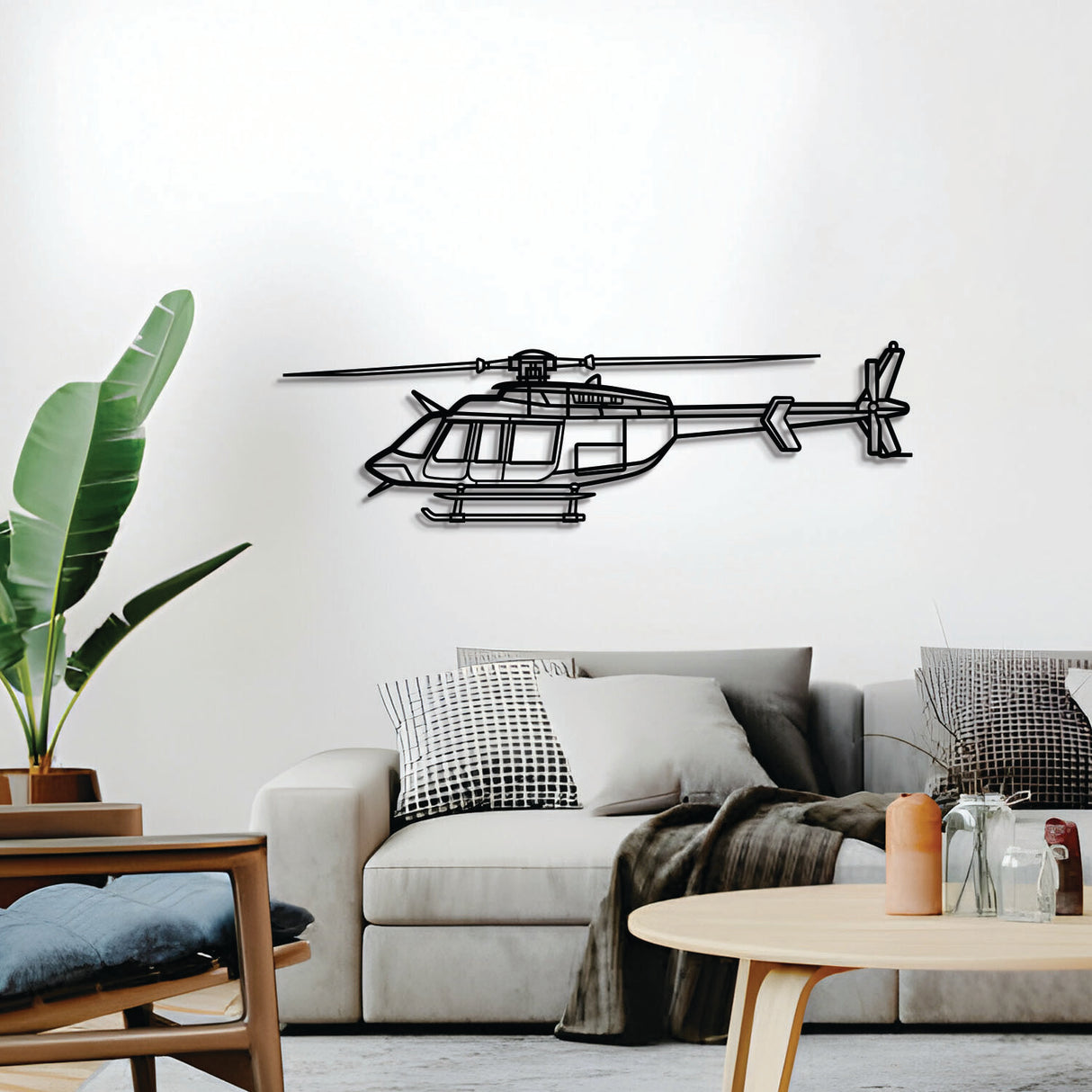 2 mm steel Bell 407GX wall art, powder‑coated matte finish, floats ~1 cm off wall for striking 3D depth and shadow play