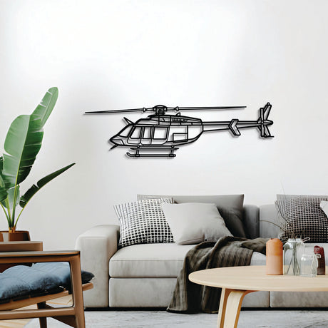 2 mm steel Bell 407GX wall art, powder‑coated matte finish, floats ~1 cm off wall for striking 3D depth and shadow play