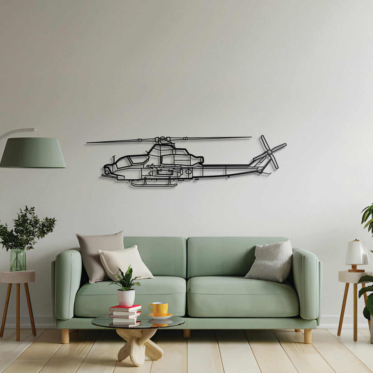 Minimalist AH-1Z Viper metal art — subtly elevated from the wall for a 3D look