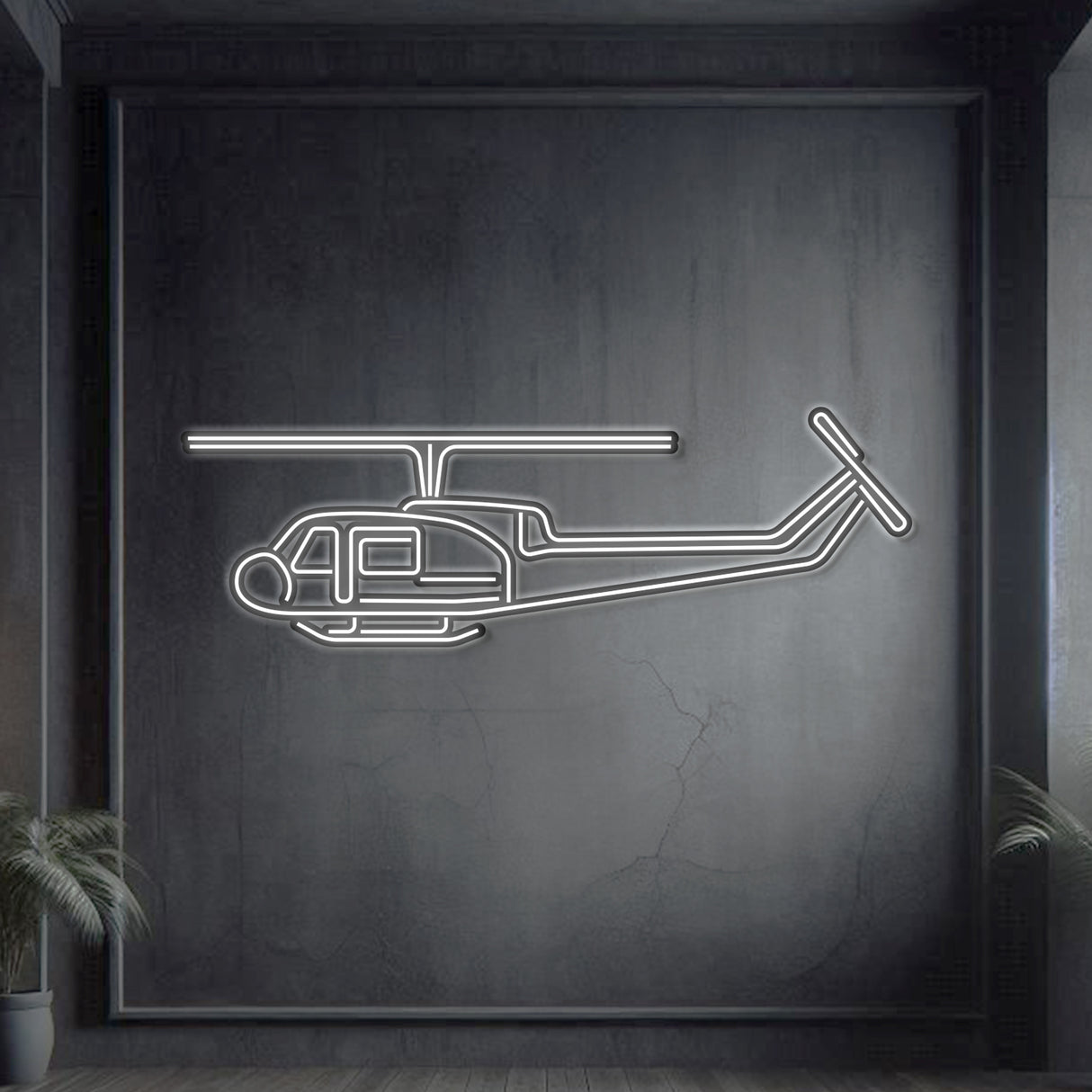 UH‑1 Iroquois Med Huey neon silhouette wall art, laser‑cut steel with glowing neon outline and dramatic 3D elevation