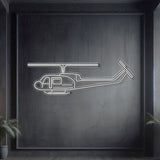 UH‑1 Iroquois Med Huey neon silhouette wall art, laser‑cut steel with glowing neon outline and dramatic 3D elevation