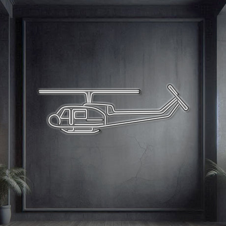UH‑1 Iroquois Med Huey neon silhouette wall art, laser‑cut steel with glowing neon outline and dramatic 3D elevation