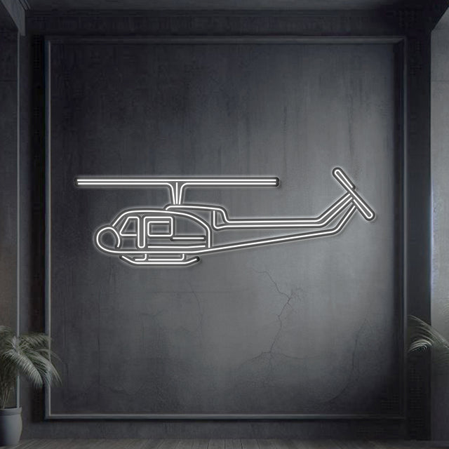 UH‑1 Iroquois Med Huey neon silhouette wall art, laser‑cut steel with glowing neon outline and dramatic 3D elevation