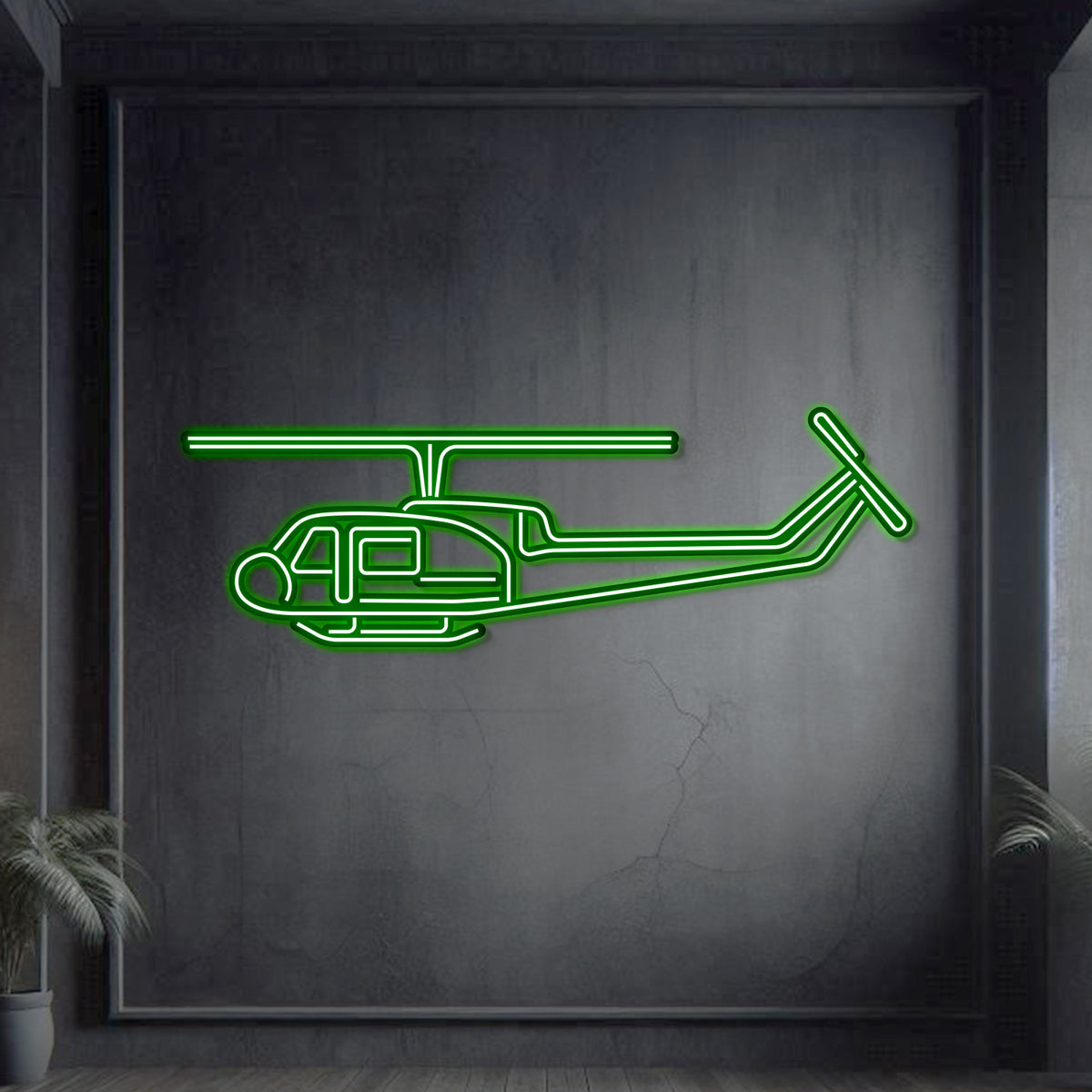 Med Huey neon wall art, modern aviation décor ideal for hangars, offices, or contemporary living spaces