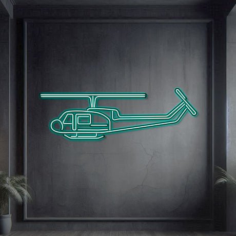 Neon-lit UH‑1 silhouette wall art, textured steel with floating neon frame creating impactful 3D depth and shadow