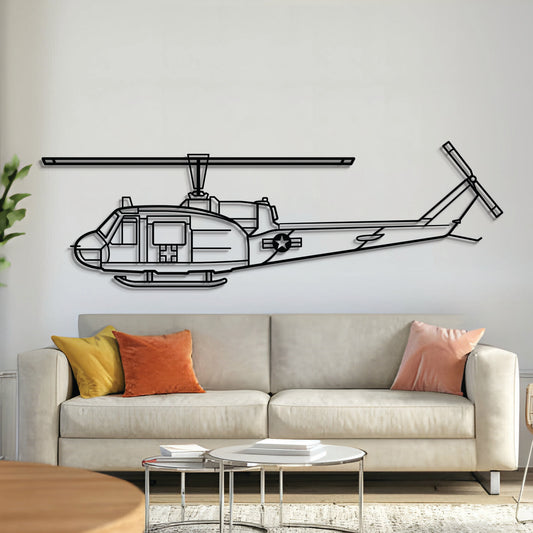 UH-1 Med Huey military helicopter metal wall art – laser-cut matte black steel silhouette with floating 3D effect