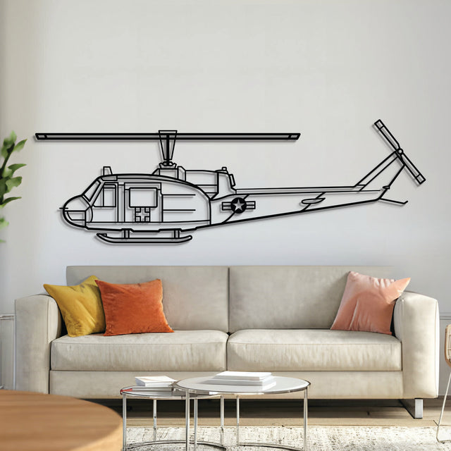 UH-1 Med Huey military helicopter metal wall art – laser-cut matte black steel silhouette with floating 3D effect