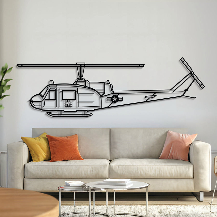 UH-1 Med Huey military helicopter metal wall art – laser-cut matte black steel silhouette with floating 3D effect