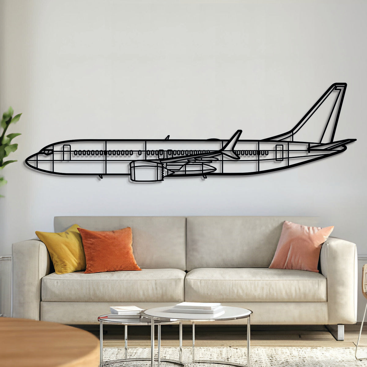 Boeing 737 silhouette — laser‑cut black metal wall art with subtle floating 3D effect
