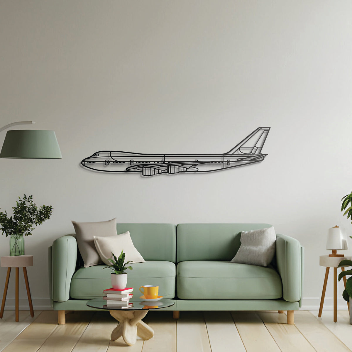 Boeing 747-200B metal silhouette art, laser-cut matte steel, seamless aviation décor for living spaces