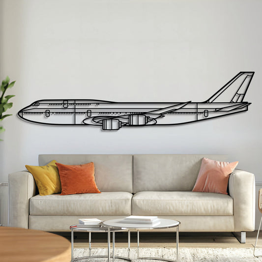 Boeing 747-8 silhouette — laser-cut black metal wall art with subtle floating effect