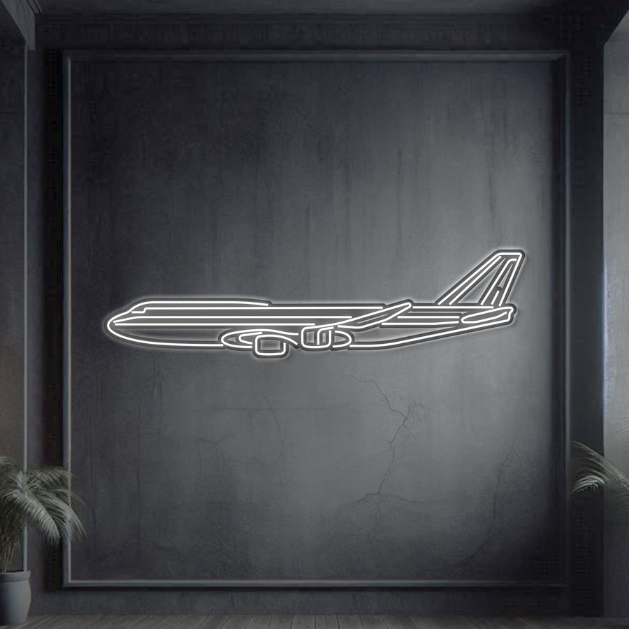 747-8 neon aircraft wall art, laser-cut 2 mm steel with matte powder coat and floating 3D effect
