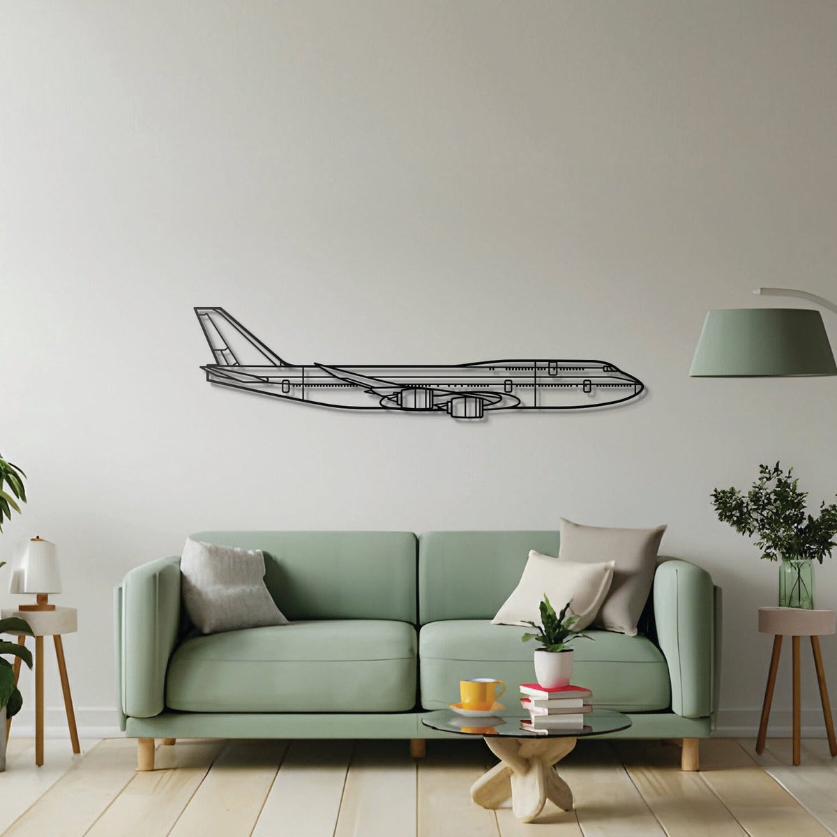 747-8 jumbo jet wall décor in matte powder-coated steel, styled for aviation interiors