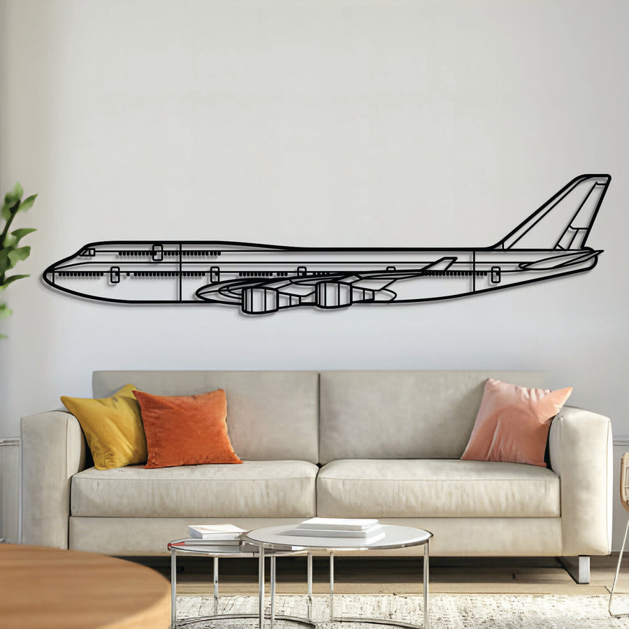 Boeing 747-800 silhouette — laser-cut black metal wall art with subtle floating effect
