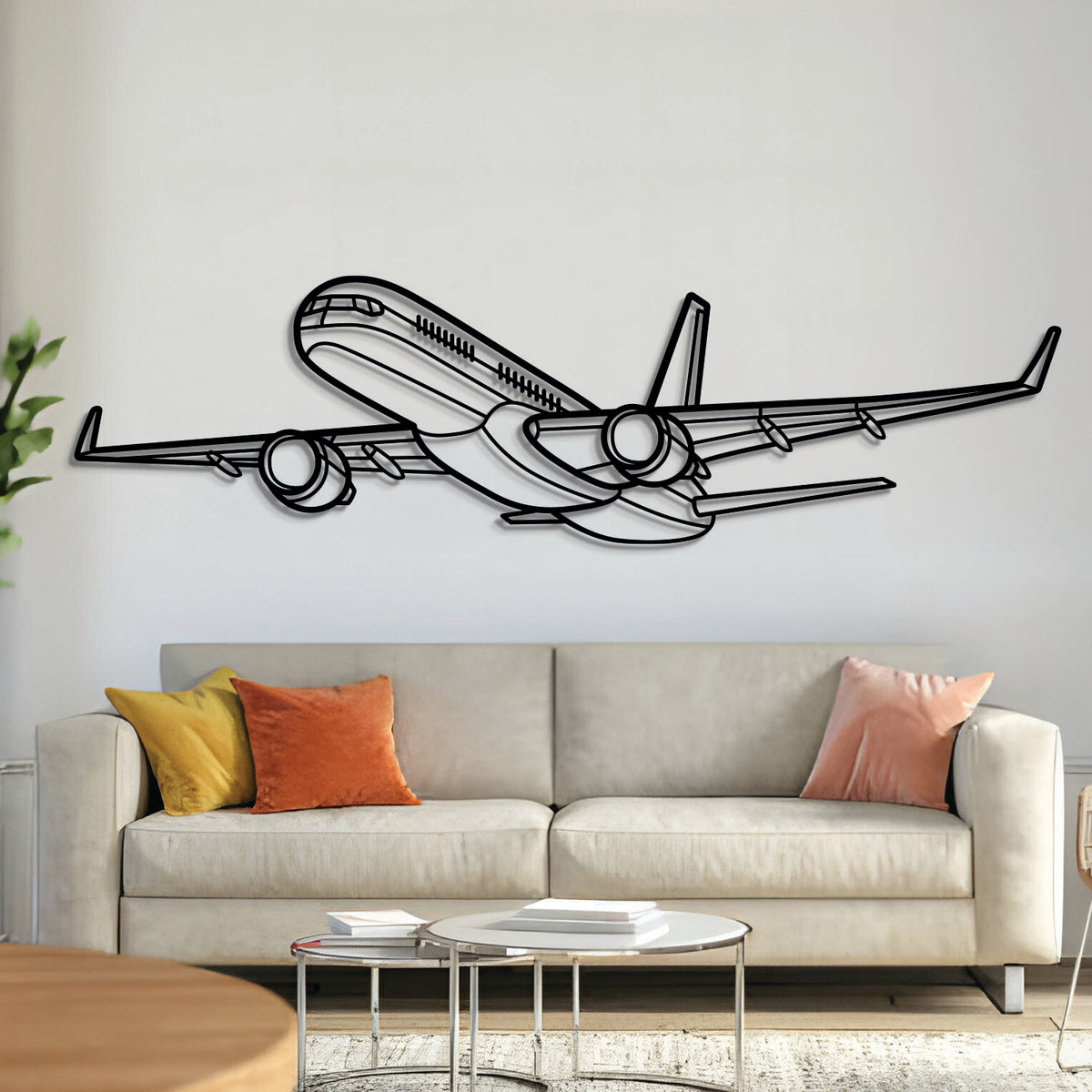 Boeing 757‑200 angled silhouette — laser‑cut matte black metal wall art with floating 3D design